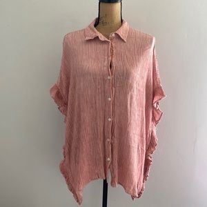 Soft Surroundings Pink Gauze Ruffle Side Boxy Button Down Size Large